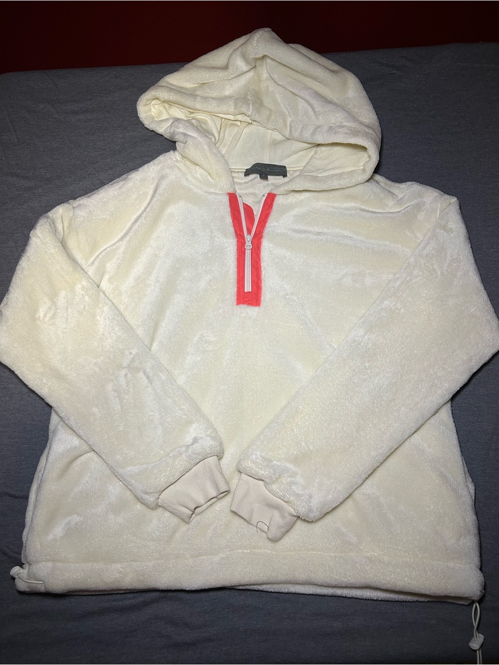 Sunday in Brooklyn Cream Plush Zip-Up Hoodie with Coral Trim
